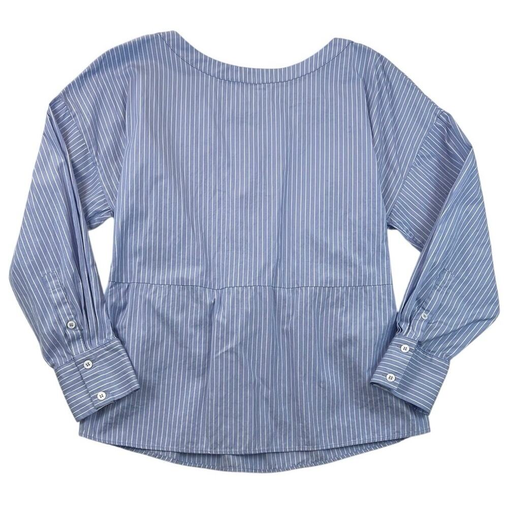 Harshman Anthropologie Striped Button Back Blouse Womens M Blue White Tie Waist